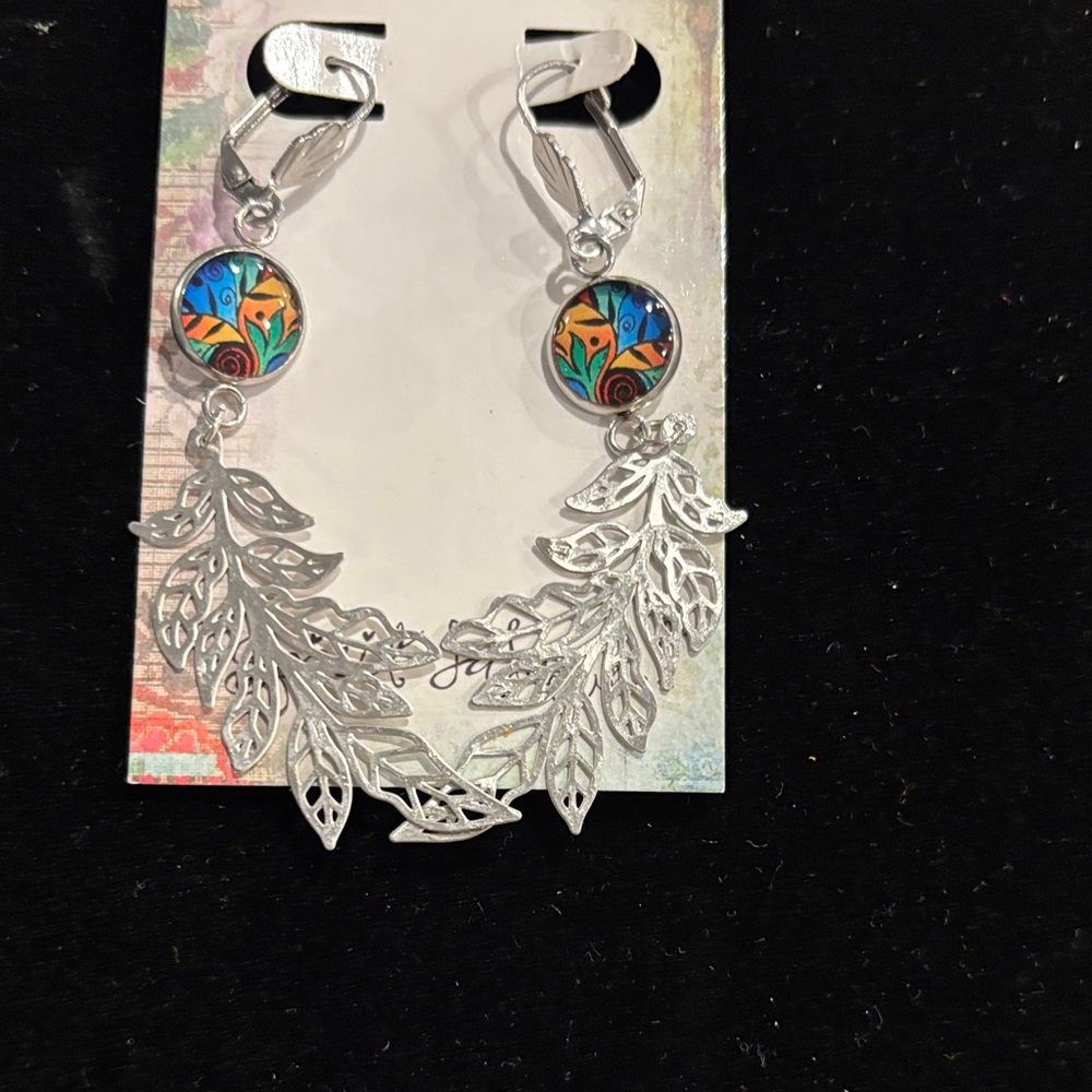 Silver Leaf Drop Earrings with Multicolor Accent